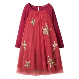 AOSTA BETTY Autumn Long Sleeve Dress Girls Net-yarn Sequined Stars Round Neck Cotton Children Casual Red Dresses 2-7years G1026