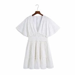 Summer Openwork Embroidered Mini Dress Women Short Sleeve Elastic Waist White Embroidery es Vintage Ruffle 210531