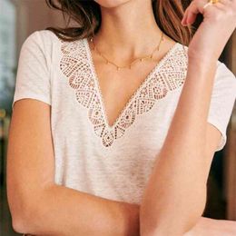 Jastie Short Sleeve t-shirt Embroidery Lace V neck Tee Summer Female T Shirt Vintage Elegant Shirts Top Clothing 210623