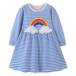 AOSTA BETTY Autumn Long Sleeve Knitted Dress Girls Striped rainbow Clothes Round Neck Cotton Children Casual Dresses 2-7years G1026