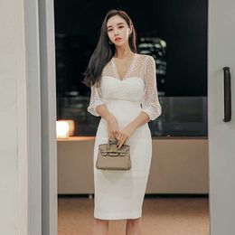 Summer Korean Fashion Lace Dresses Women Mesh Short Sleeve Office Lady Bodycon Plus Size White Sheath Vintage 210531