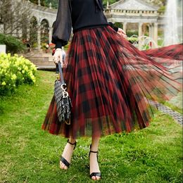 Spring Summer Vintage Black Red Plaid Long Mesh Lace Skirt England Preppy Style Office Lady Work Elastic Waist Pleated Skirts 210309
