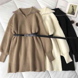 Winter Korean Fashion Sweater Dress Solid Turn-down Collar Long Sleeve Zipper up Belted Casual Loose Knit Short 210603