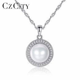 -Czcity 925 Colgante de cadena de plata para mujeres 9-9.5mm Collar de perlas de agua dulce natural sin impecación Joyería fina