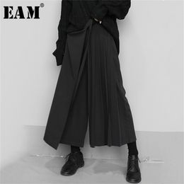[EAM] High Elastic Waist Black Pleated Split Wide Leg Trousers Loose Fit Pant Fashion Spring Autumn 1N666 210915