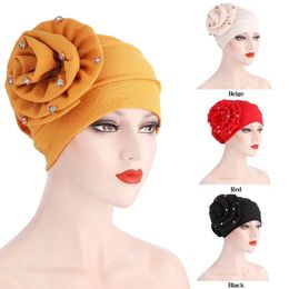 Fashion Women Diamond Flower Turban Caps Pleated Muslim Inner Hijabs Islamic Female Head Wrap Bonnet Ready to Wear Indian Hat