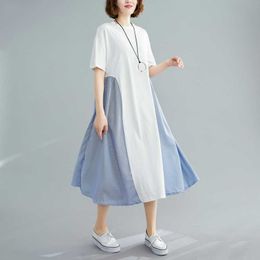 Summer Cotton Casual Dress Korean Stitched Striped Loose Short-sleeved Patchwork A-Line O-Neck black white 210529