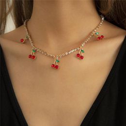 wholesaler gold Canada - Pendant Necklaces Vintage Red Little Cherry Necklace Fashion Rhinestone Crystal Chain Chokers Korean Gold Jewelry For Women Gift