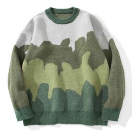 Harajuku Pullovers Men Gradient Striped Jacquard Knitted Sweater Hip Hop Retro Camouflage Print Streetwear Sweatshirts