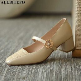 ALLBITEFO high quality comfortable genuine leather thick heel women heels fashion cow leather high heels high heel shoes 210611