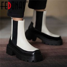 Wedged Boots For Women Autumn Winter Genuine Leather Shoes Woman Mixed Colors Party Chunky Heels Ankle 210528