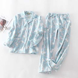 Pure Cotton Pyjamas Set Women Pyjama Cartoon Bunny Print Female Winter Sleepwear Warm Sexy Homewear Long Shirt Pants 2 Piece/Set 210622