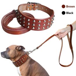 Cool Studded Genuine Leather Pet Dog Collars Leash Set For Medium Large Dog Pitbull Boxer Bulldog S M L Black Brown 210729