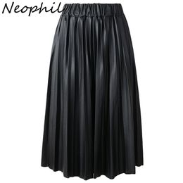 Neophil Winter Ladies Black PU Faux Leather Skirts Midi Pleated High Waist Vintage Basic Mid-calf Women Longa Saia S1927 210310