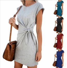 2019 Women Short-sleeved Dress Loose O neck waist Fold Dresses Sheath Red/Blue/Green Back Gray Dress