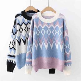 Women Fashion Autumn Winter Warm Geometric patterns O-Neck Pullover Long Sleeve Casual Loose Sweater Knitted Tops 210914