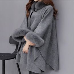 Spring Fashion Poncho Outwear Fur Collar Long Section Wool coat, Coat Elegant Cloak Shawl Jacket Female Christmas Gift 211106