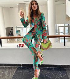 Women's Suits & Blazers 2021 Spring And Autumn High Quality Green Long Sleeve V-neck Starfish Print Jacket Classic Fashion Office Luxury