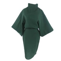 PERHAPS U Women Green Solid Sweatshirt Knee Length Skirt Zipper Pencil 2 Two Pieces Set Elegant Winter Turtleneck T0069 210529