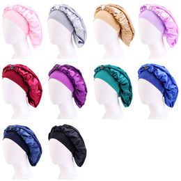 Elastic Wide Band Satin Bonnet With Adjustable Button For Long Hair Hat Breathable Night Sleep Cap Hair Care Soft Headcover