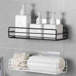 Bathroom Iron Storage Shelves Wall-mounted Punch Free Shower Shelf Black White Storage Suction Basket Storage Racks 210811