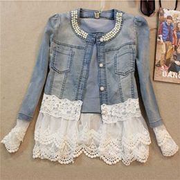 Slim Stitching Womens Denim Jacket Pearl Decoration Lace Cuffs Fashion Coat Thin Section White Mesh Hem Solid Wash Top 001 211117