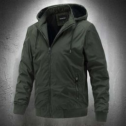 Men's Windbreaker Jacket Spring and Autumn Men Outdoor Military Jacket Solid Color Hooded Hoodie Jacket Men Polyester Coat 2021 X0710
