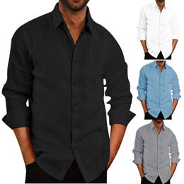 Men's Casual Shirts summer lapel solid color long-sleeved button linen for men