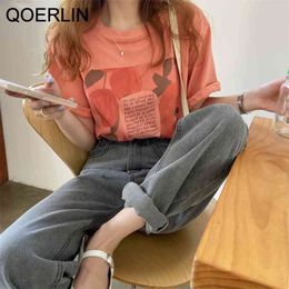 Basic T Shirt Women Summer Oversized Solid Tees Flower Print Casual Loose Tshirt Korean O Neck Female Tops Harajuku 210601