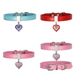 2021 Pet Dog Collar With Diamond Heart Bell Fashion PU Leather Pet Dog Cat Collars Small Dog Neck Adjustable Strap