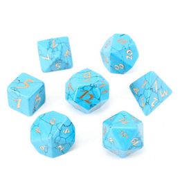 Synthesis Blue Turquoise Loose Gemstones Engrave Dungeons And Dragons Game-Number-Dice Customised Stone Role Play Game Polyhedron Stones Dice Set Ornament