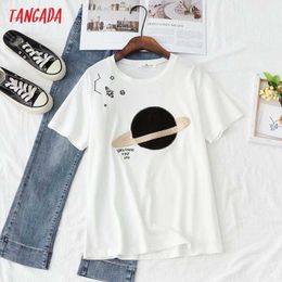 Tangada Women Print Beading Emboridery T Shirt Short Sleeve O Neck Tees Ladies Casual Tee Shirt Street Wear Top BAO51 210609