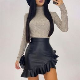 Sexy Leather Pu Skirt For Ladies Black Ruffle Asymmetric Women Mini Skirt High Waist Flare Fashion Office Female Skirt D25 210310