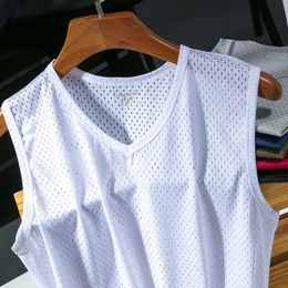 2021 ice silk mesh vest summer tops sports fitness loose plus size hollow sleeveless tank men Breathable basketball uniform