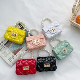 Children Jelly Bag 2021 New Kids Silicone Chain Handbags Baby Girls Candy Colour Pearl Messenger Bags Mini Change Purse C6958