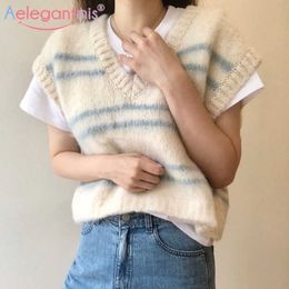 Aelegantmis Korean Fashion Women Vintage Soft Cosy Mohair Cropped Knitted Vest Spring Female Short Sleeveless Sweater Ins 210607