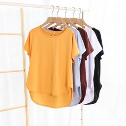 100% cotton Loose Casual Summer Short Sleeve Female T shirt Women asymmetric O-neck Tee Tops M30326 210720