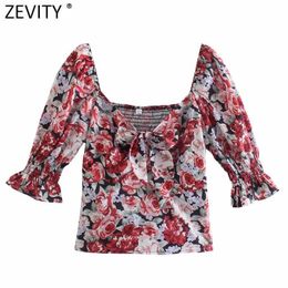 ZEVITY Women Sweet Red Floral Print Short Smock Blouse Ladies V Neck Knotted Decoration Femininas Shirt Chic Ruffles Tops LS9300 210603