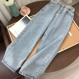 Jeans da donna Pantaloni in denim blu chiaro Pantaloni a gamba larga vintage Donna coreano dritto lungo vita alta casual allentato con cintura 2021 autunno