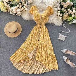 Floral Dress Women Summer Sexy V-Neck Short Sleeve Buttons Backless Slim Back Long Ruffles Holiday Beach Party 210603