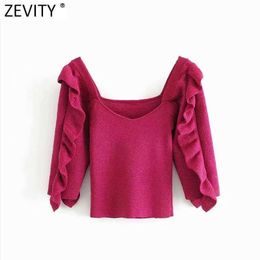 Zevity Women Sweet Pleats Ruffles Short Knitting Blouse Office Ladies V Neck Puff Sleeve Slim Shirts Chic Blusas Tops LS7393 210603