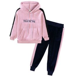 2Pcs Winter Kids Clothes Girls For Sport Fashion Hooded Set Velvet Children Clothing For Girl Outfits Suit 1 2 3 4 5 6 7 8 Years 210927