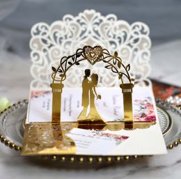 3D Wedding Invitation Cards Laser Hollow Out Bride And Bridegroom Reflective Gold Invitations For Wedding Engagement w-00967