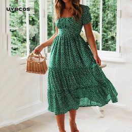 Festa Vestidos Vintage Print Puff Sleeve Summer Beach Sweet Dresses Casual Square Collar Floral Maxi Long Dress 210712