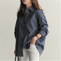 Vertical Stripe BF Plus Size Autumn Full Shirts Medium and Long All Match Loose Blouse Women 210615