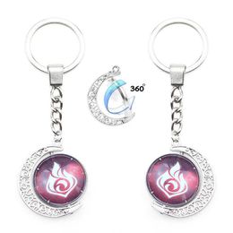 Genshin Impact Element Rotatable Double Sided Glass Keychain Silver Colour Hollow Moon Pendant Car Key Chain Accessories Y0728