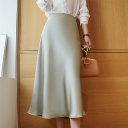 Korean Silk Skirts Womens Satin Skirt Plus Size Woman Midi Long Silk Skirt Woman Solid High Waist Skirts Faldas Mujer Moda 210310