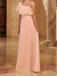 Elegant One Shoulder Bridesmaid Dress Floor Length Chiffon Wedding Party Gowns Dusty Rose