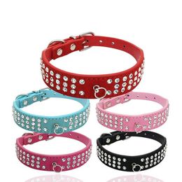 3 Rows Rhinestone Dog Collars Brand suede Leather Dogs collar diamante Cute Pet 100% Quality 4 Sizes available WY1296