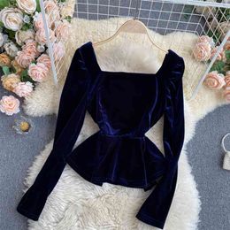 Lady Fashion Square Collar Slim Retro Velvet Long Sleeve Tops Women Solid Color Casual Clothes Camisas Mujer Q760 210527